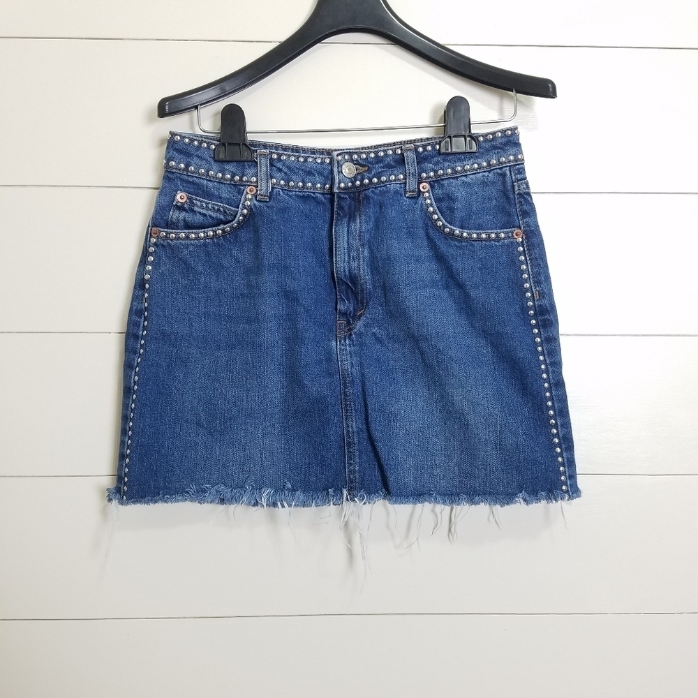 Topshop Moto Denim Studded Y2K Raw Hem Skirt 6